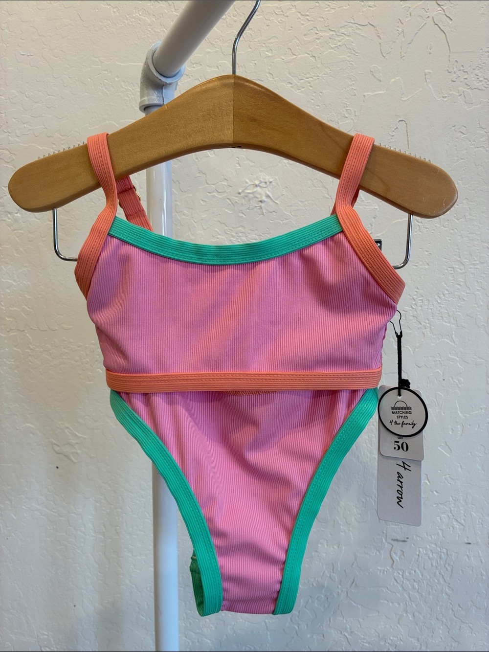 Feather 4 Arrow Pink One-Piece Swimsuit with Teal & Coral Trim